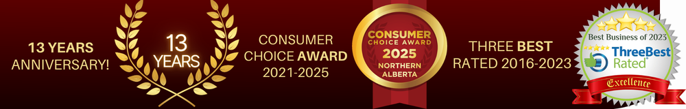 Consumer Choice Award 2021-2025 Northern Alberta, 13 years anniversary, Three Best Rated 2016-2023